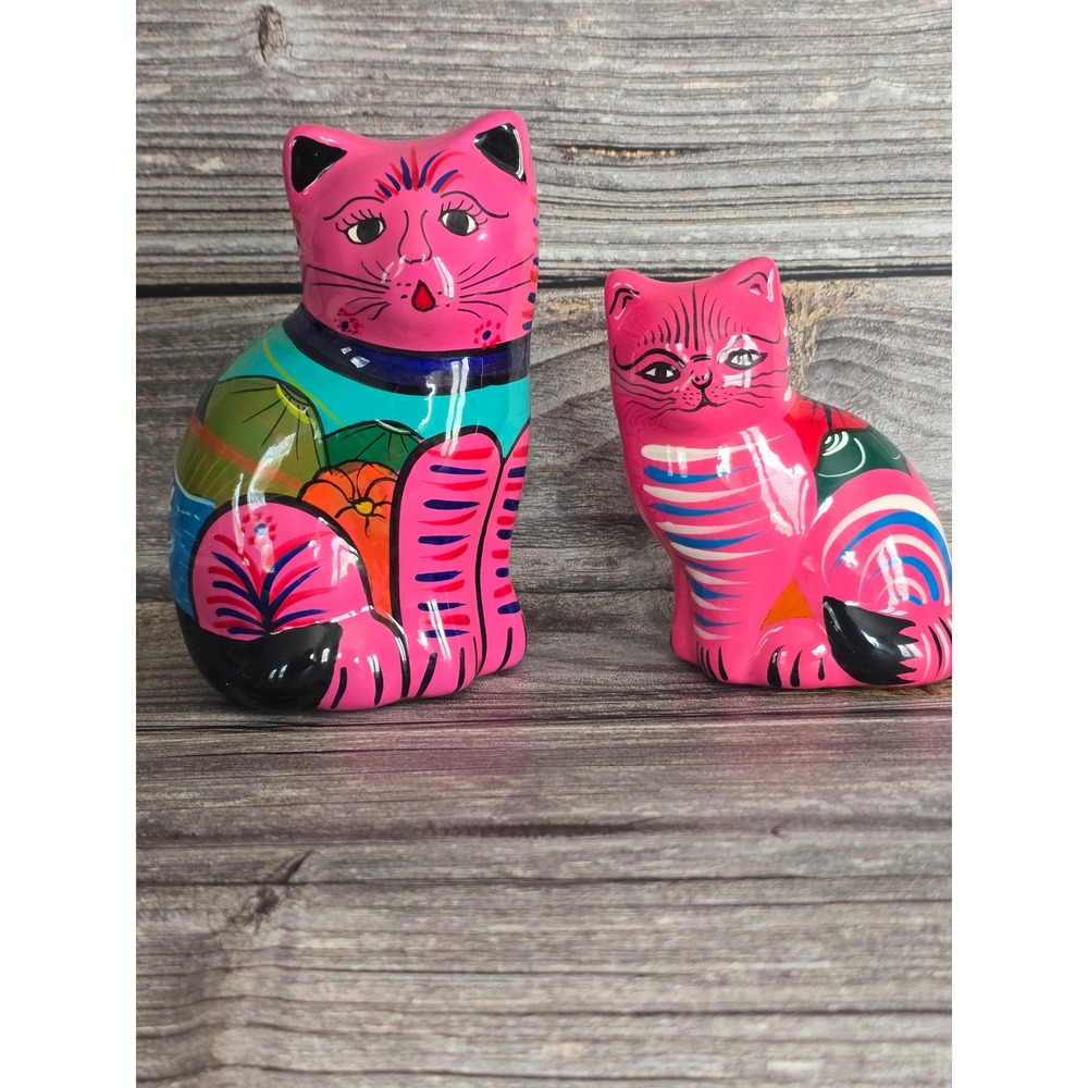 Tonala Mexican Pottery Cat Figurines Hand Painted Folk Art Pink Set of 2 Isidoro